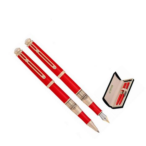 Комплект "Пирамиды" из перьевой ручки и ручки-роллера в бархатном футляре Н, красный - №1