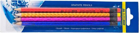 Набор карандашей графитовых HB, ассорти голограма, с ластиком, 4шт./блистер - №1