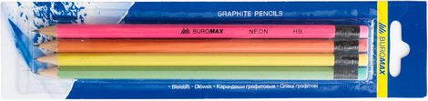 Набор карандашей графитовых HB, ассорти неон, с ластиком, 4шт.блистер - №1
