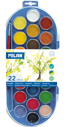 Краски акварельные MILAN, с кистью, 22 цвета - №1
