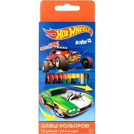 Карандаши цветные двусторонние Kite Hot Wheels, 24 цвета - №1