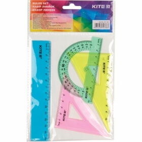 Набір KITE: лінійка 15 см, 2 косинця, транспортир, асорті