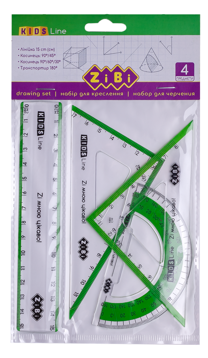 Набор ZiBi KIDS Line: линейка пластиковая 15 см, 2 угольника, транспортир, с салатовой полоской - №1