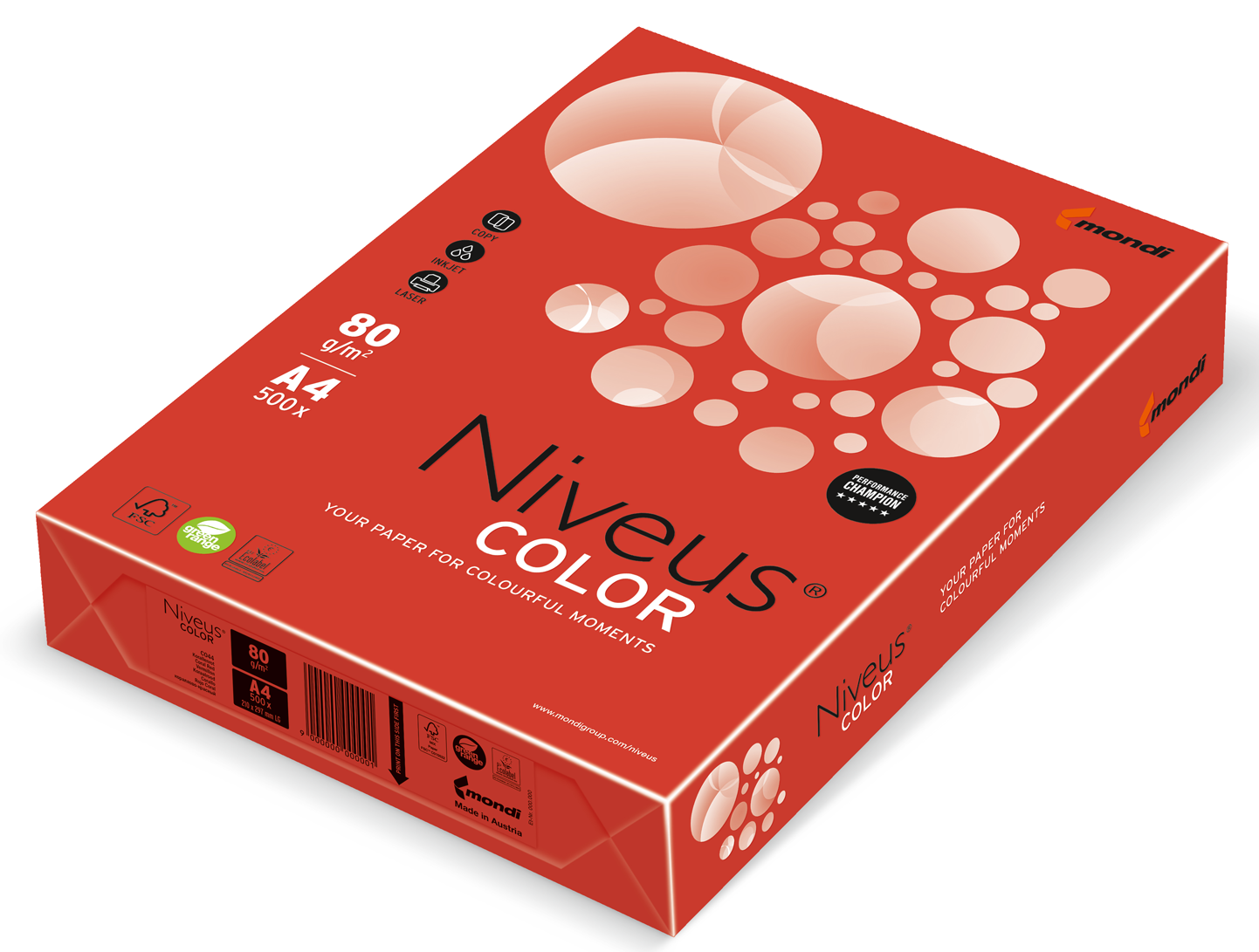Бумага офисная цветная Niveus CO 44 А4, 80 г/м2, 500 листов, красная - №1