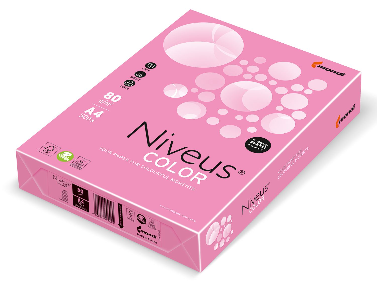 Бумага офисная цветная Niveus NEOPI А4, 80 г/м2, 500 листов, розовая