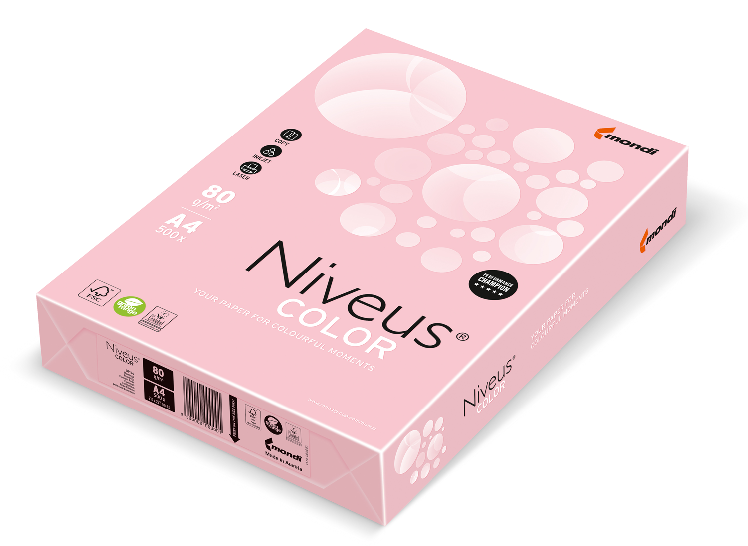 Бумага офисная цветная Niveus OPI 74 А4, 80 г/м2, 500 листов, светло-розовая