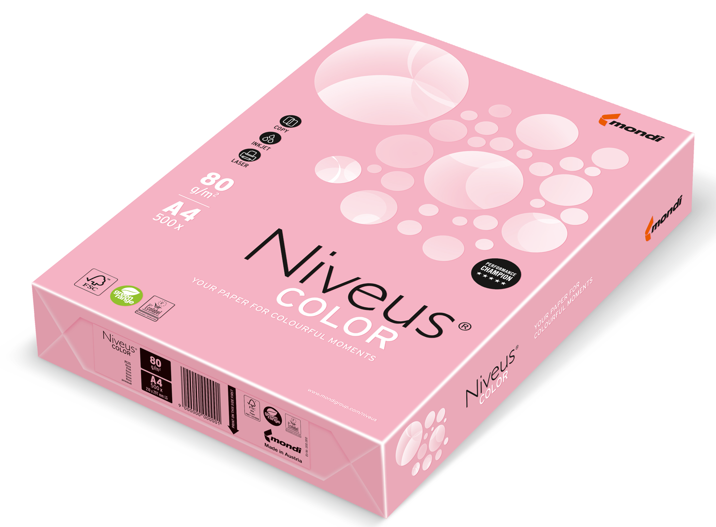 Бумага офисная цветная Niveus PI 25 А4, 80 г/м2, 500 листов, розовая - №1