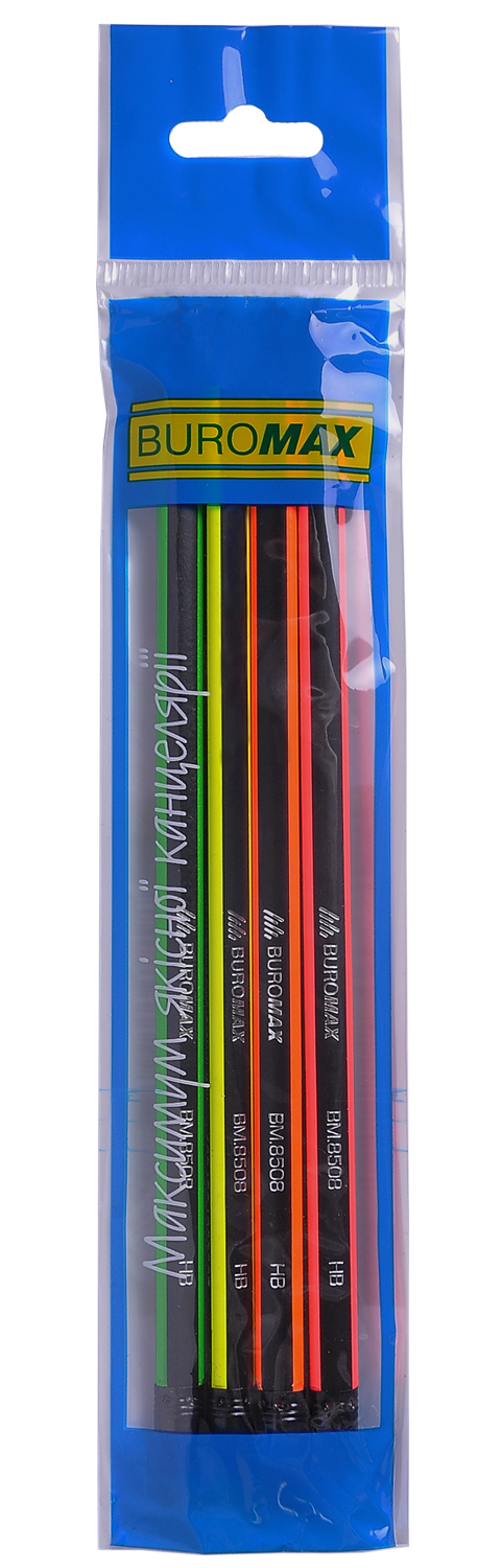 Набор карандашей графитных трехгранных с резинкой Buromax NEON LINE, НВ, 4 шт