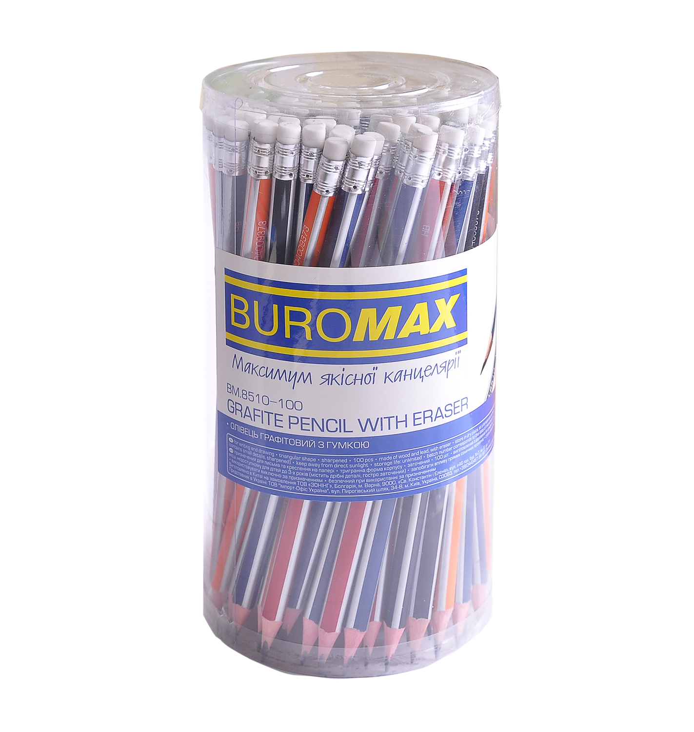 Набор карандашей графитных трехгранных с резинкой Buromax SILVER, НВ, 100 шт - №1