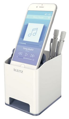 Подставка для ручек и смартфона с функцией усиления звука пластиковая квадратная Leitz WOW, 2 отделения, белая - №2