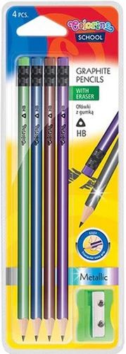 Набор карандашей графитных с резинкой + точилка Colorino Металлик, HB, 4 шт - №1