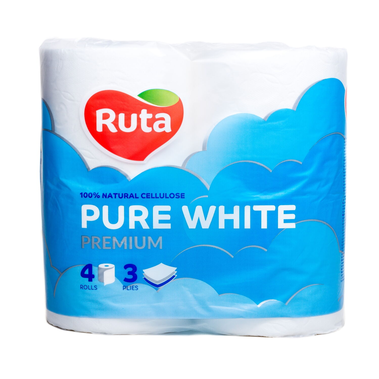 Бумага туалетная целлюлозная Ruta "Pure White", 3 слоя, 4 рулона, белая