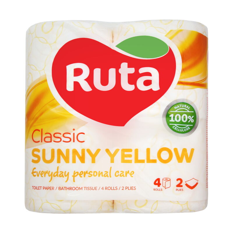 Папір туалетний целюлозний Ruta "Classic", 2 шари, 4 рулони, жовта