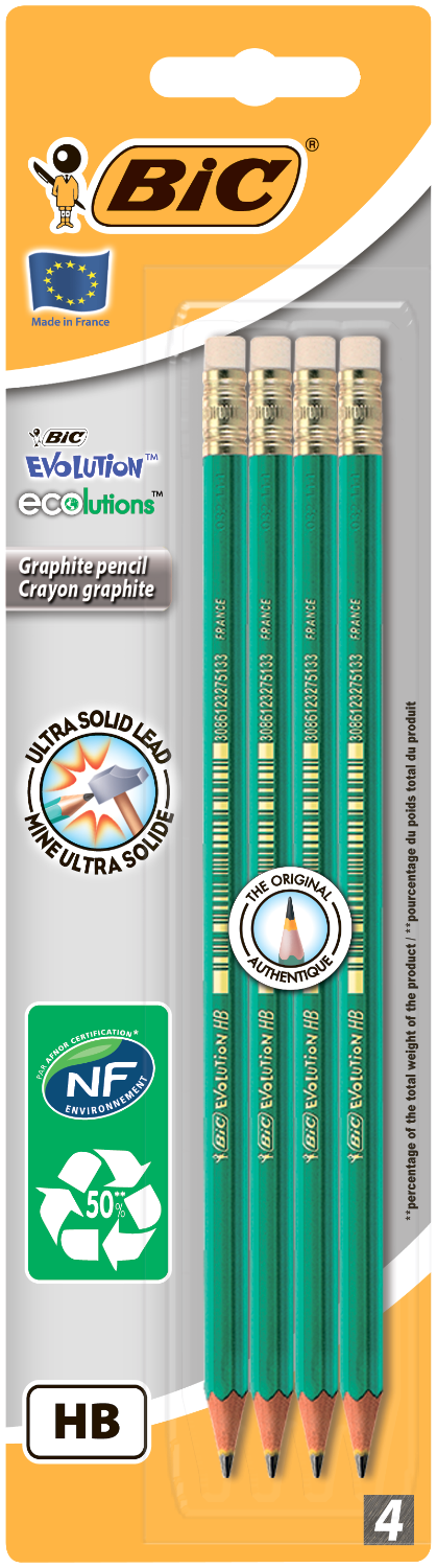 Набір олівців графітних c гумкою BIC Eco, НВ, 4 шт