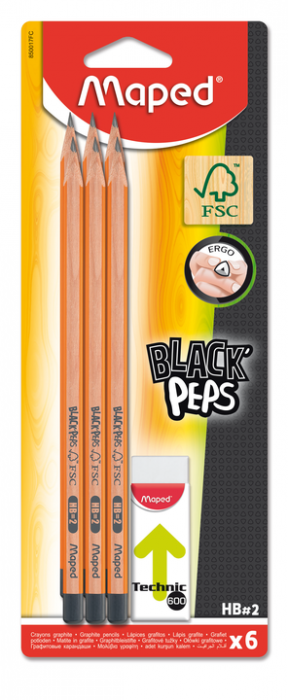 Набор карандашей графитных c резинкой Maped BLACK PEPS, НВ, 6 шт - №1