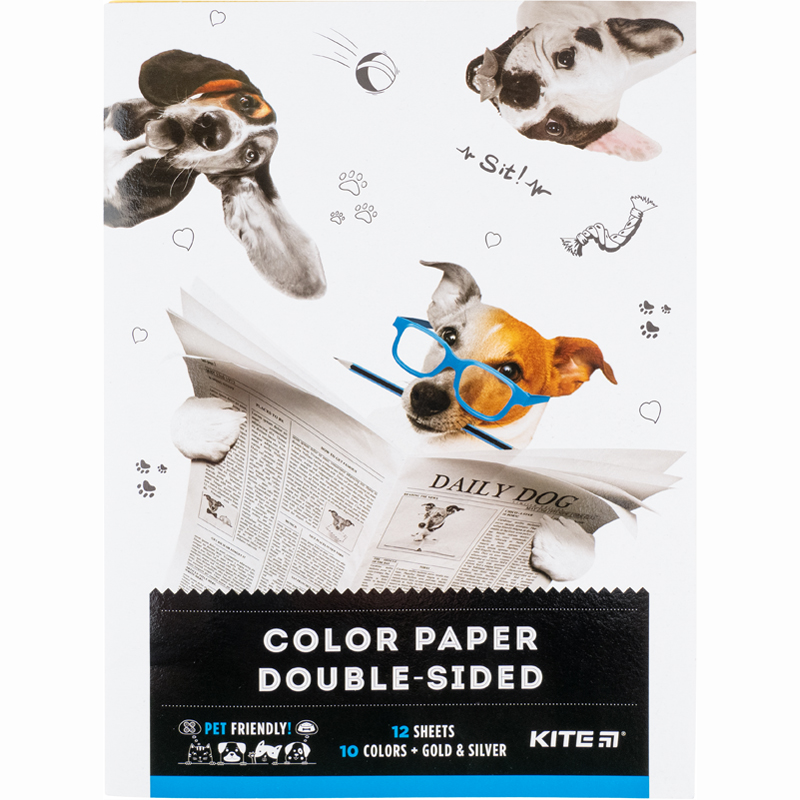 Бумага цветная двухсторонняя Kite Dogs А4, 12 листов, 12 цветов