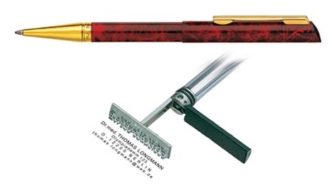 Ручка со штампом, мраморно-красный корпус с позолоченным наконечником - №1