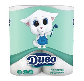 Полотенце целлюлозное "Диво", 2 рулона, на гильзе, 2-х слойное, белое