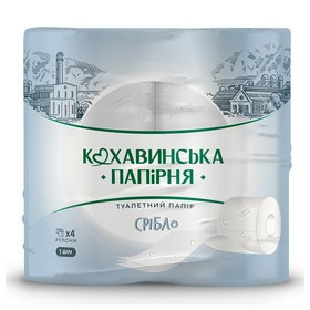 Папір туал. целюлоз. "Срібло", по 4 рул., на гільзі, 3-х шар., білий КОХАВИНКА