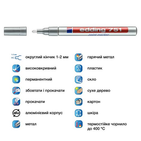 Маркер Paint e-751 1-2 мм круглый серебряный - №4