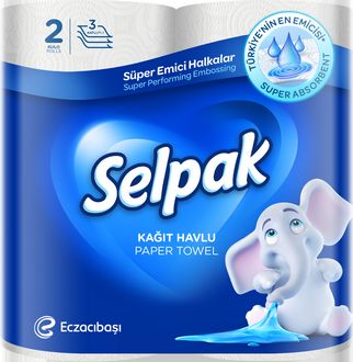 Рушники целюлозні Selpak, 3 шари, 2 рулони, білі