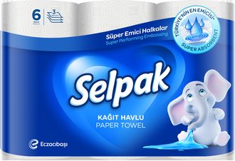 Рушники целюлозні Selpak, 3 шари, 6 рулонів, білі