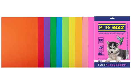 Набор цветной бумаги Buromax NEON+INTENSIVE А4, 80 г/м2, 20 листов, ассорти - №1